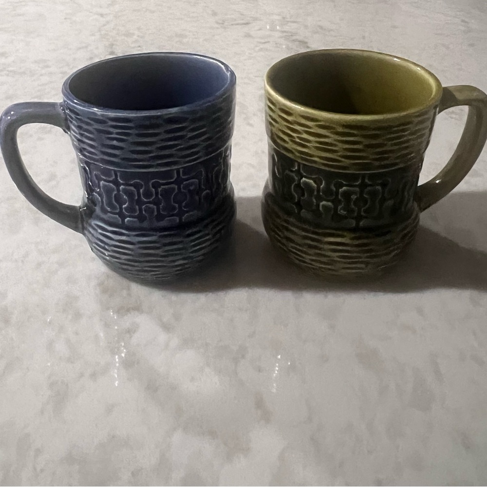 Vintage Japan Coffee Mug Cup Textured band 1970s Retro Set Of 2 Blue Green